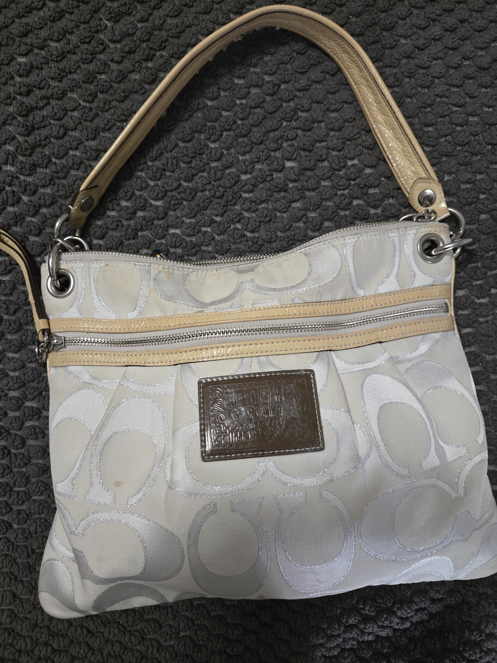Coach (Vintage) Ivory Signature Canvas Shoulder Bag with Tan Leather Trim